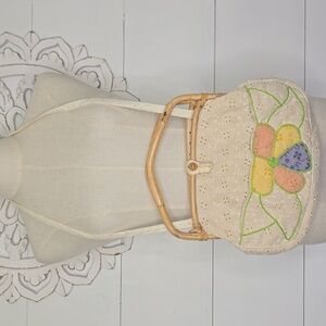 80s Handmade Beige Eyelet Purse Bamboo Handle